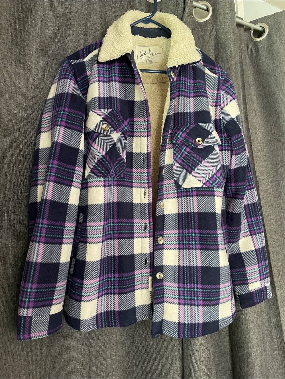 Soho Navy & Purple Plaid Sherpa-Lined Jacket